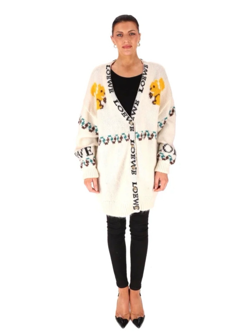 Loewe Cream Wool-Blend Cardigan with Yellow squirrel motif